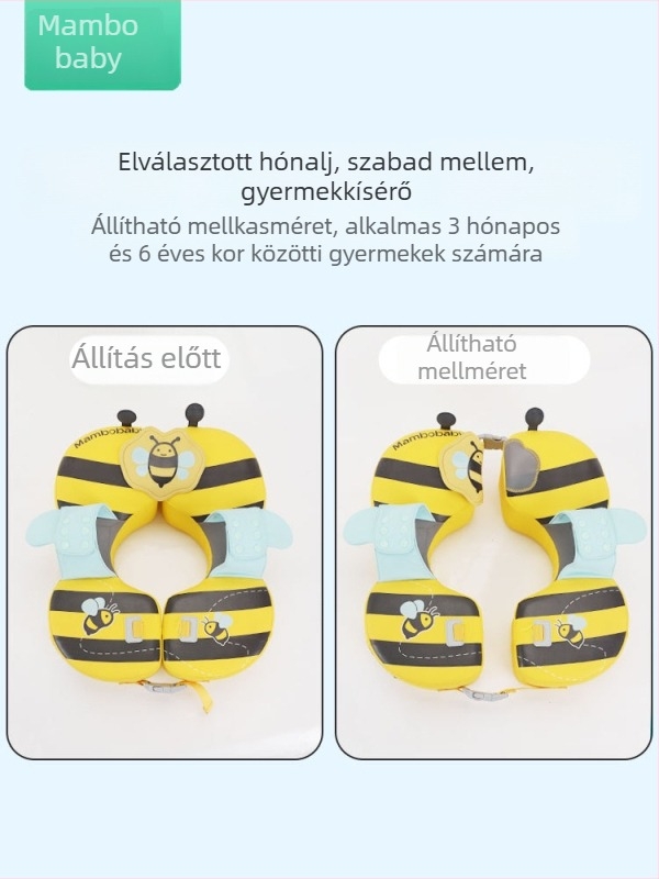 Nem felfújható hónalji úszógumi gyerekeknek, osztott kialakítású, állítható, rajzolt méhecske mintával, 3 hónaptól 6 éves korig