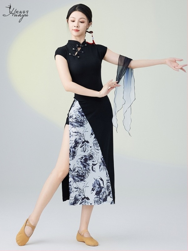 Kínai stílusú női táncruha, elasztikus anyag, pamutnyomású részletekkel, színpadi viselet, 2025 nyár