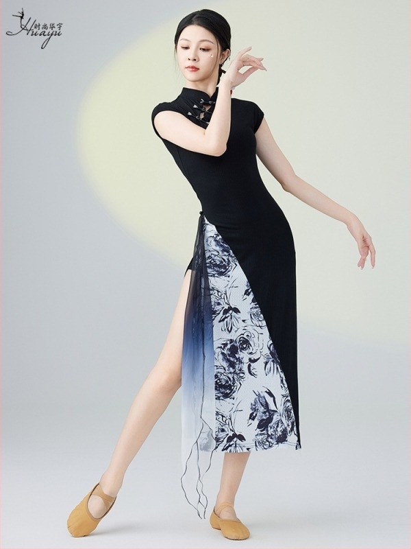 Kínai stílusú női táncruha, elasztikus anyag, pamutnyomású részletekkel, színpadi viselet, 2025 nyár