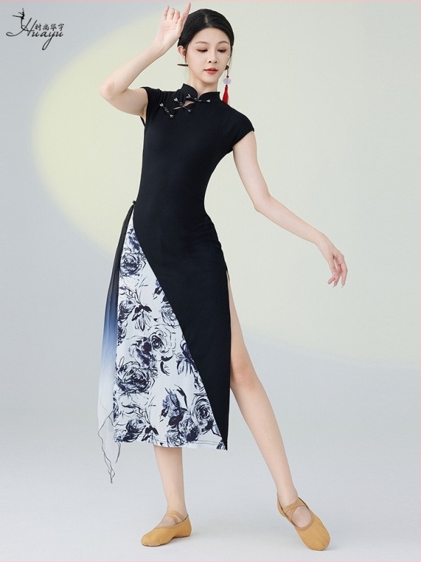 Kínai stílusú női táncruha, elasztikus anyag, pamutnyomású részletekkel, színpadi viselet, 2025 nyár