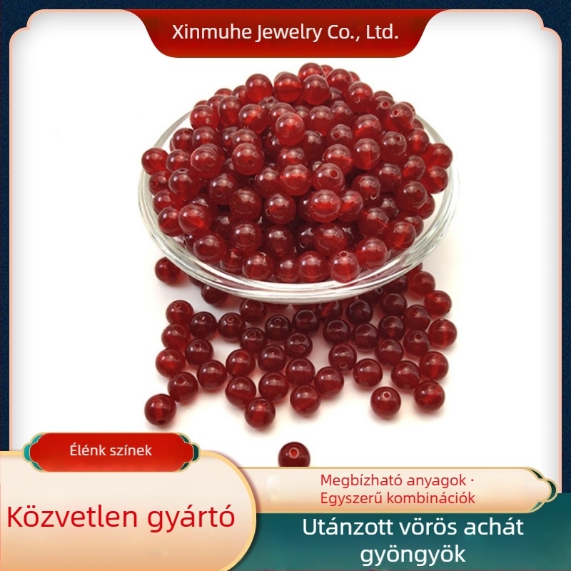 Akril gyöngyök DIY ékszerekhez, piros kör alakú gyöngyök kristályos hatással, imitált jáde és borostyán hatású, félkész