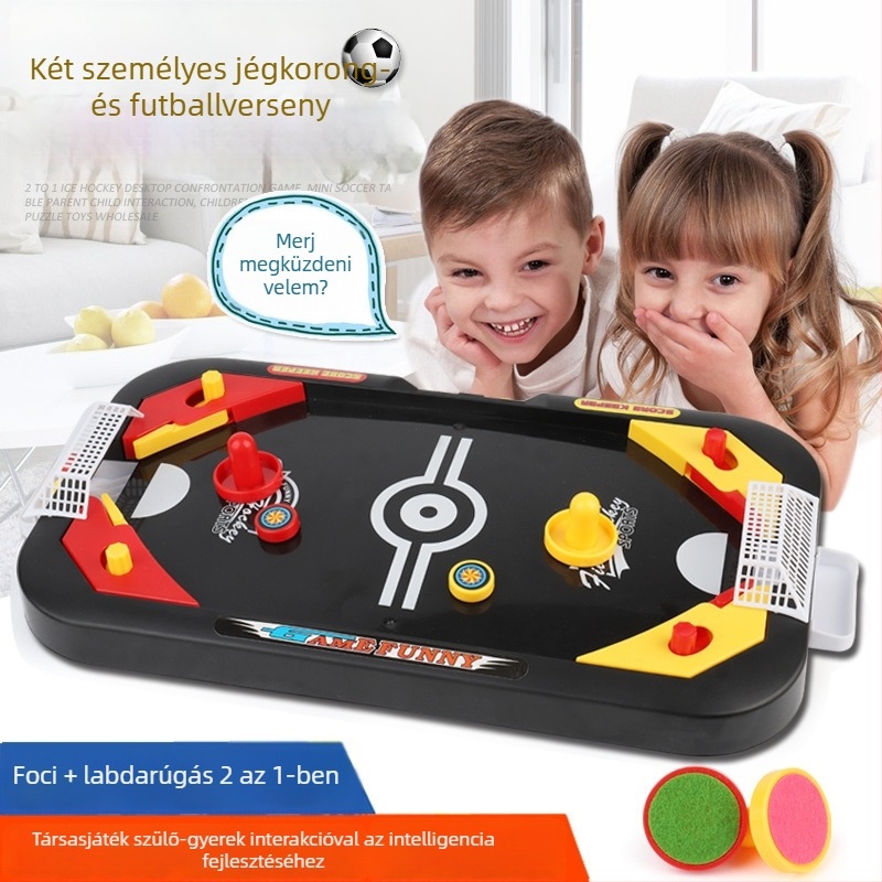 Kétfős asztali sportjáték: asztali hokizás, mini curling és asztali foci, műanyag kivitel, 0–6 éveseknek.