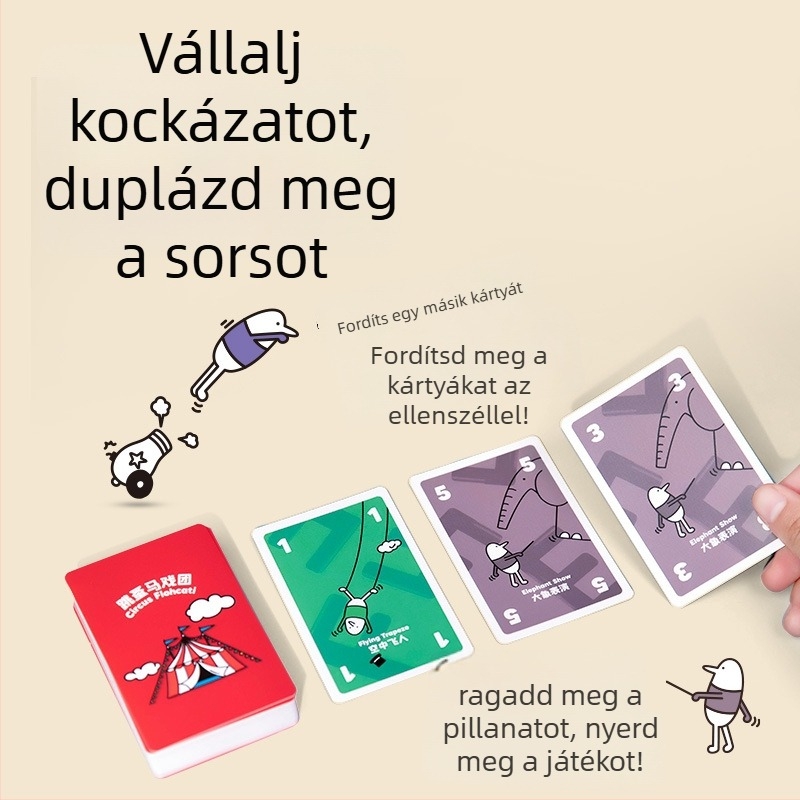 Flea Circus társasjáték kártyák — hordozható zseb változat, papíralapú, támogatja a szülő–gyermek interakciót; 4–14 éveseknek.