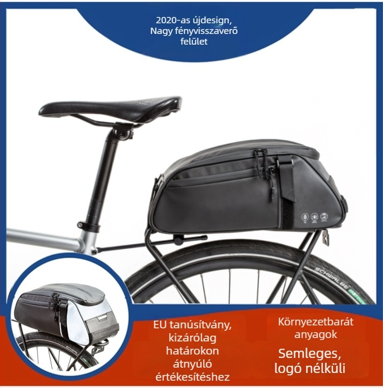 Hátsó kerékpár táska csomagtartóra, PU bőr, modell: Reflective Shelf Bag, béléses, utazásokhoz