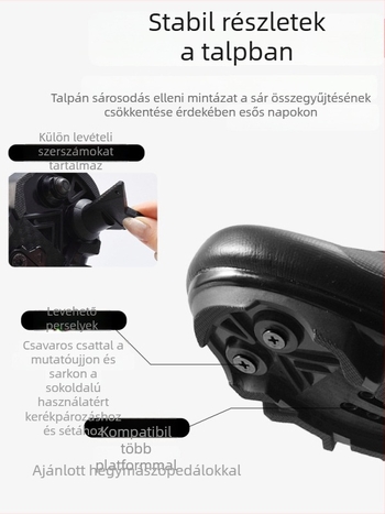 Uniszex clip-in kerékpáros cipő MTB-hez és országúti kerékpárokhoz, dupla gombos zárás, kemény talp, ütéscsillapító talp.