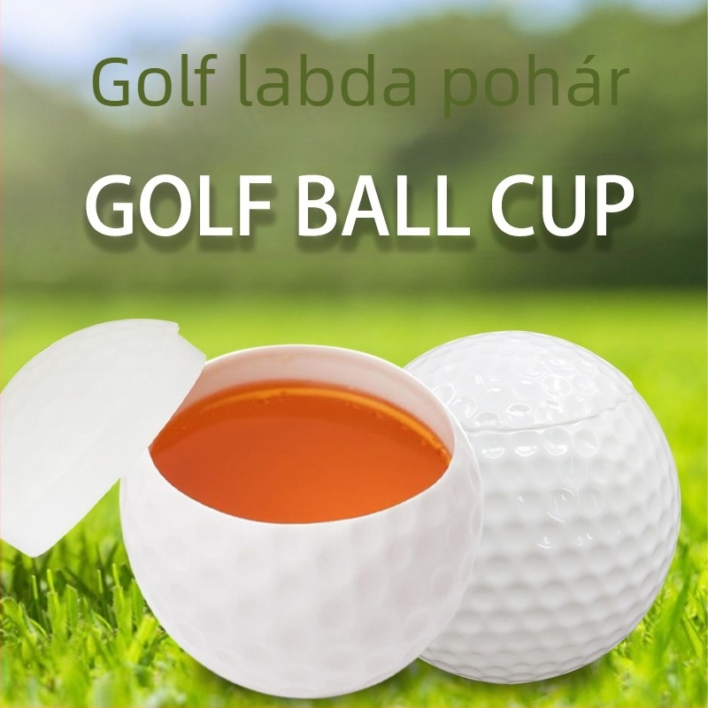 Golflabda alakú műanyag löttyintő pohár, 50 ml, nyomtatott logóval