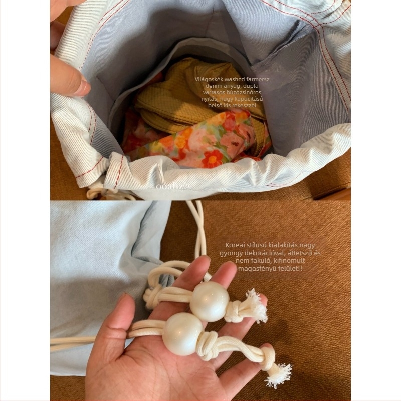 Denim hímzett húzózsinóros hátizsák, belső pamut bélés, uniszex stílus, tavasz 2024
