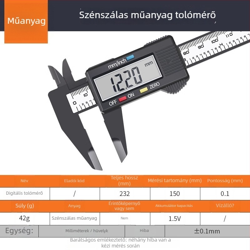 Digitális tolómérő karbonszálas kivitelezéssel, rozsdamentes acél test, ipari kategória, nagy pontosságú elektronikus kijelző