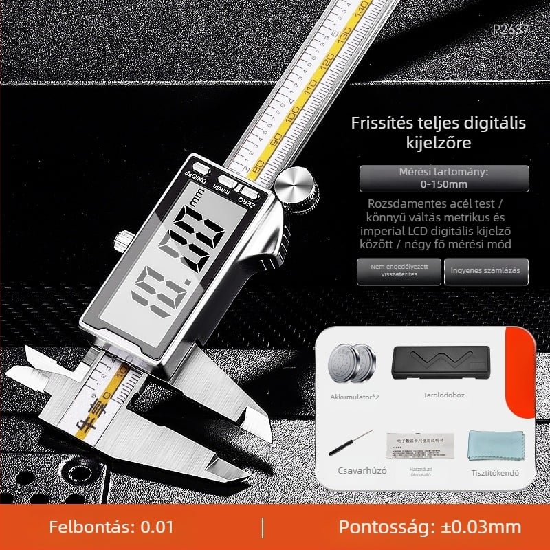 Digitális tolómérő karbonszálas kivitelezéssel, rozsdamentes acél test, ipari kategória, nagy pontosságú elektronikus kijelző