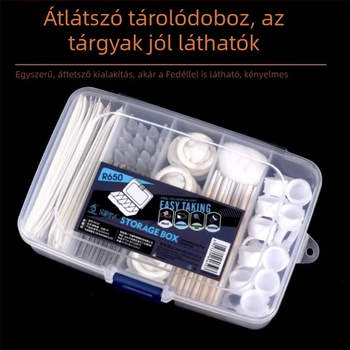 Műanyagból készült tetováló tűk tároló doboza, több rekesszel és pamut tampontartóval