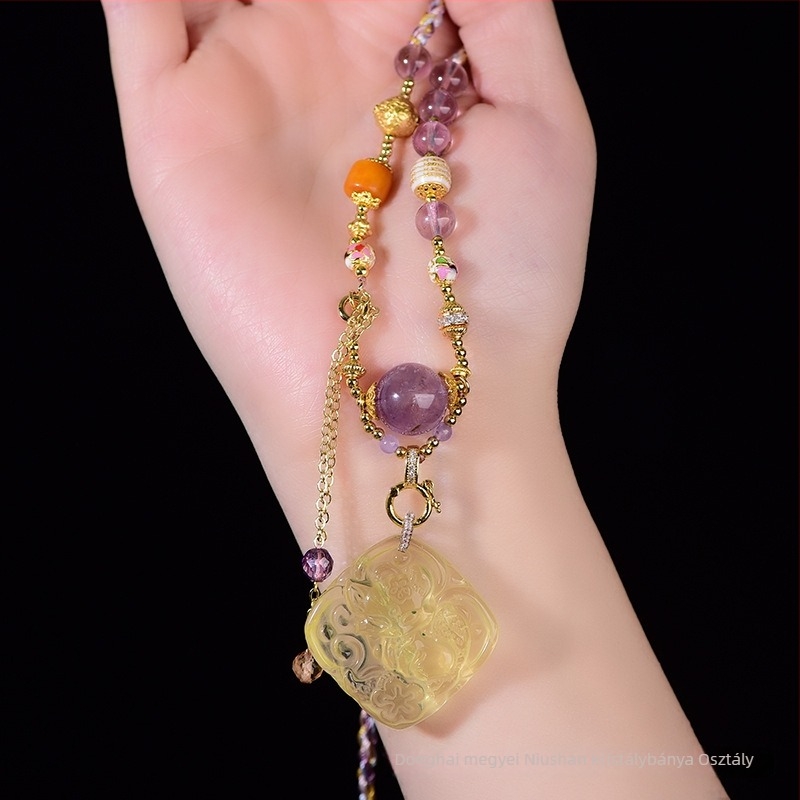 Ametiszt és réz medál, etnikus stílus, márka Qiu yi