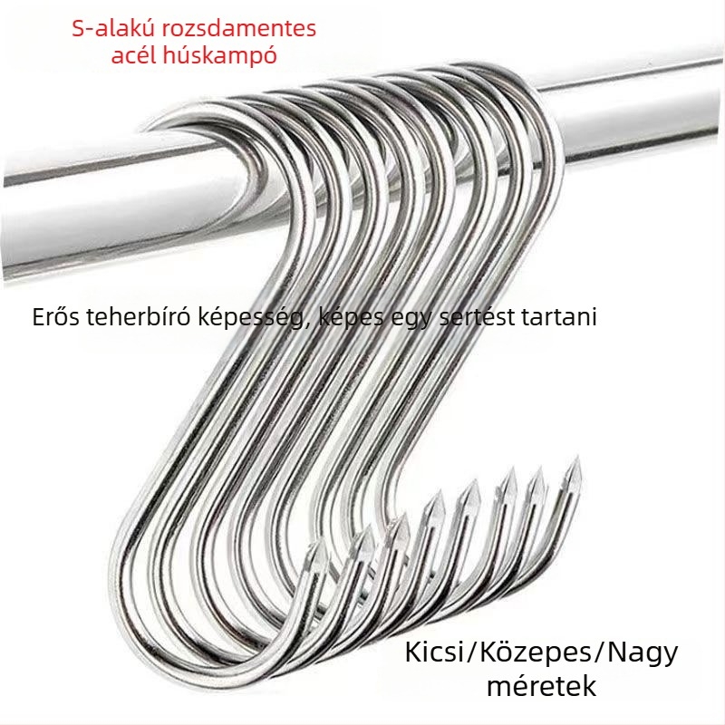 Rozsdamentes acél S-formájú függönykampó kör alakú gyűrűvel, teherbírás 1 kg
