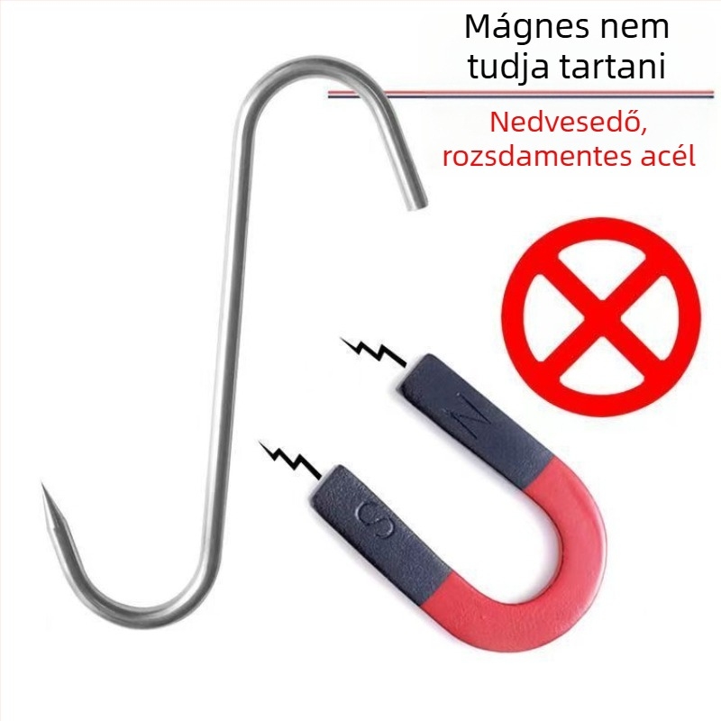 Rozsdamentes acél S-formájú függönykampó kör alakú gyűrűvel, teherbírás 1 kg