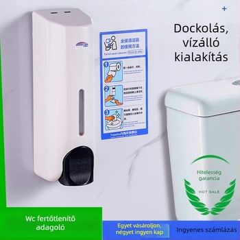 Nyilvános WC ülőkéjének fertőtlenítő készüléke, falra szerelt, műanyag test, festett felület, kézi nyomású működés