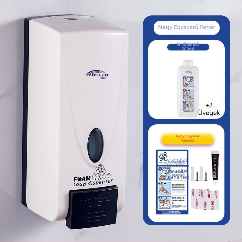 Nyilvános WC ülőkéjének fertőtlenítő készüléke, falra szerelt, műanyag test, festett felület, kézi nyomású működés