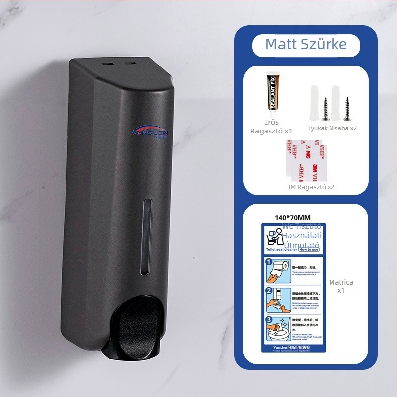 Nyilvános WC ülőkéjének fertőtlenítő készüléke, falra szerelt, műanyag test, festett felület, kézi nyomású működés
