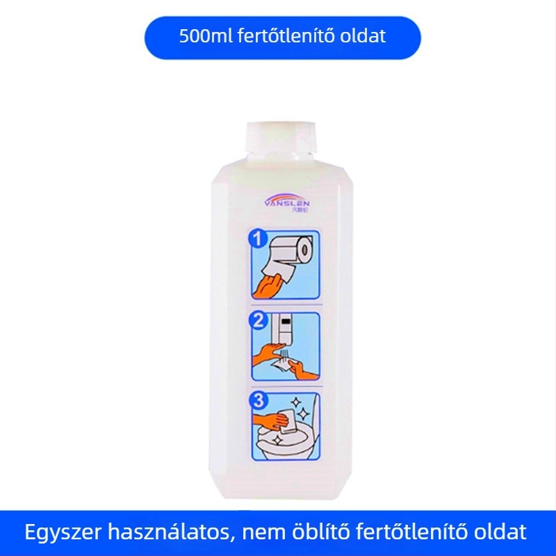 Nyilvános WC ülőkéjének fertőtlenítő készüléke, falra szerelt, műanyag test, festett felület, kézi nyomású működés