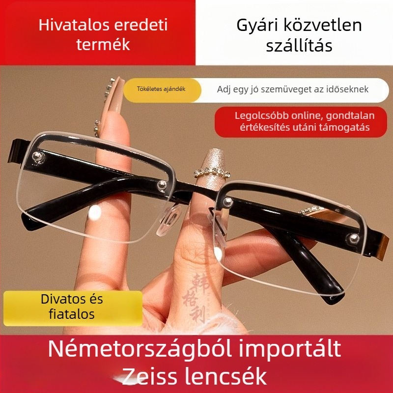 Kristály lencséjű olvasó szemüveg presbiopiára, középkorúak és idősek számára, félkeretes dizájn, szemvédő