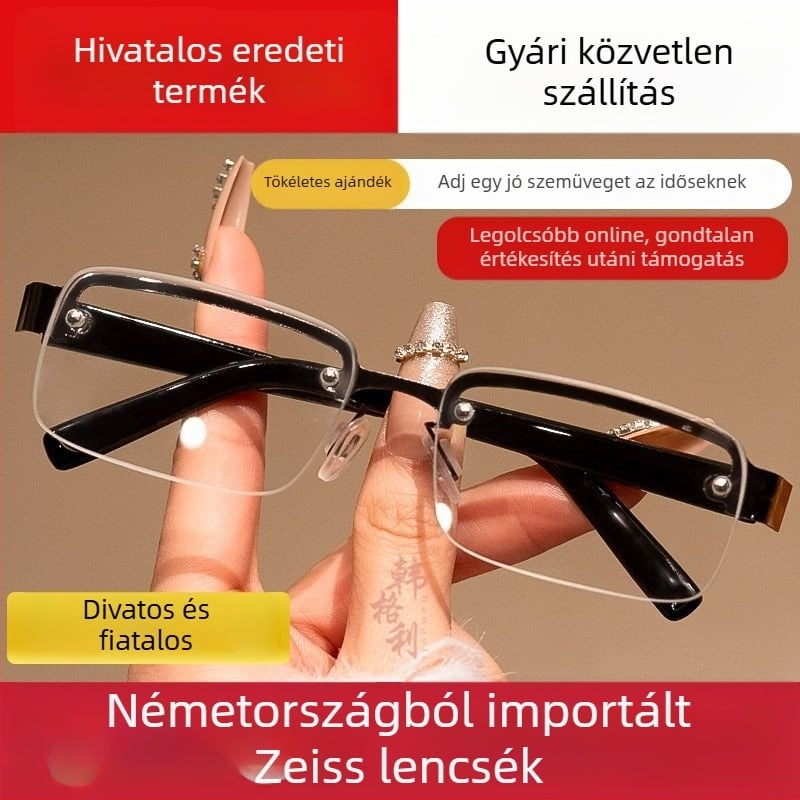 Kristály lencséjű olvasó szemüveg presbiopiára, középkorúak és idősek számára, félkeretes dizájn, szemvédő