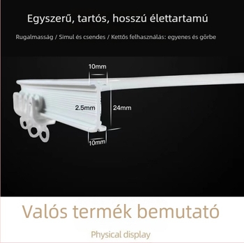 Ívelt sín függönyhúzó profil – gyanta; Modell: Ívelt sín; Típus: függöny sín; Kiegészítők: tömítés, görgő; Alkalmas függönyök felakasztásához