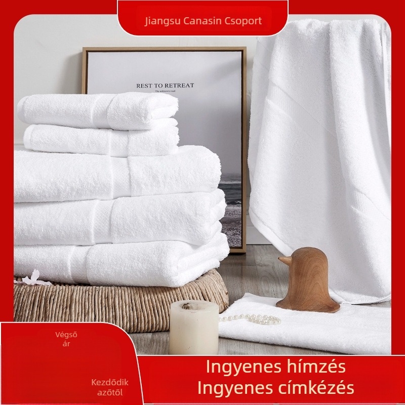 Szállodai törölköző, 100% pamut, egyrétegű 16s fonal, bevarrt széle, spirál-szövésű felület, 50–60 g, kiváló nedvszívás