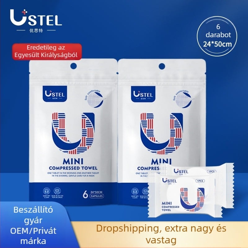 USTEL Egyszer használatos tömörített arctörölköző – nemszövött anyag, ≥50 g, 6 db/csomag, 288 csomag/doboz