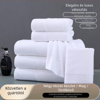 Szállodai törölközők 100% pamutból, 150 g, 16s szál, többszörös fonat (ply yarn), hímzett és bevarrt szél, sima szövet, nedvességfelszívó 11–15 s