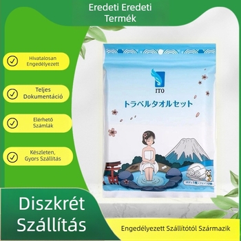 ITO Egyszer használatú fürdőszett — 2 arctörölköző és 1 fürdőtörölköző; Anyag: 100% regenerált cellulózrost; Szövet: egyszerű szövés; Vízfeliszívás: 5–10 s; Élettartam: 3 év