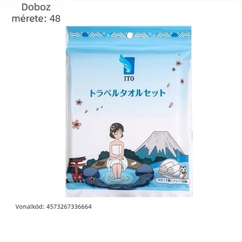 ITO Egyszer használatú fürdőszett — 2 arctörölköző és 1 fürdőtörölköző; Anyag: 100% regenerált cellulózrost; Szövet: egyszerű szövés; Vízfeliszívás: 5–10 s; Élettartam: 3 év