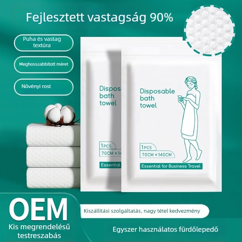 Egyszer használatos fürdőlepedő személyre szabott logóval, növényi rostokból, egyenként csomagolt, sima szövésű anyag, vízfelvétel 11–15 s