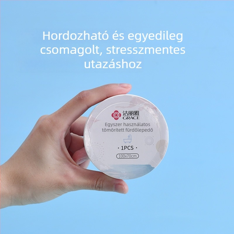 Egyszer használatos tömörített fürdőtörölköző, egyéni csomagolású utazáshoz, extra vastag arctörölköző; 100% regenerált cellulóz rost; növényi rost; gyors felszívódás 0–5 s.