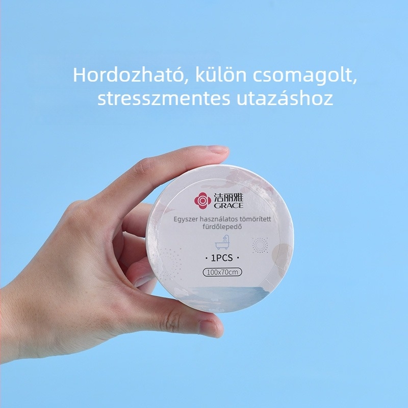 Egyszer használatos tömörített fürdőtörölköző, egyéni csomagolású utazáshoz, extra vastag arctörölköző; 100% regenerált cellulóz rost; növényi rost; gyors felszívódás 0–5 s.