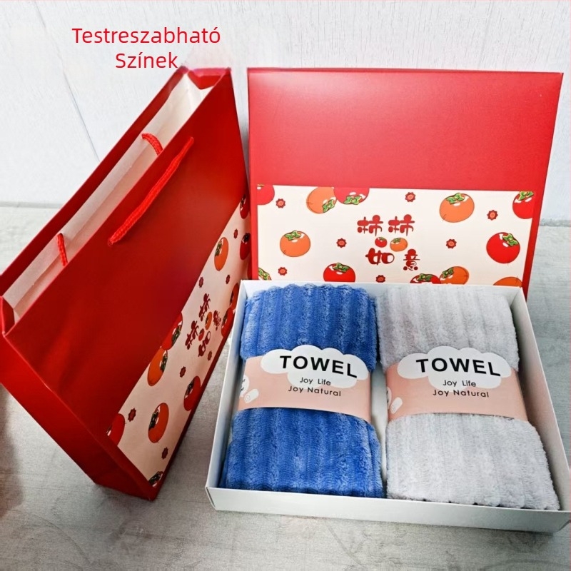 Korall fleece anyagú törölközős ajándékdoboz, 240 g, kevert fonal, logónyomás elérhető, testreszabható