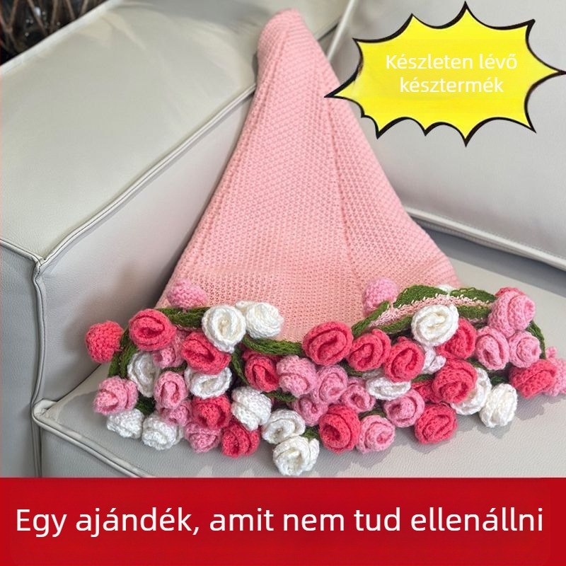 Kézzel kötött rózsaszálas takaró, növény- és virágmintával, poliészter, törölközőtakaró, egész éves használatra