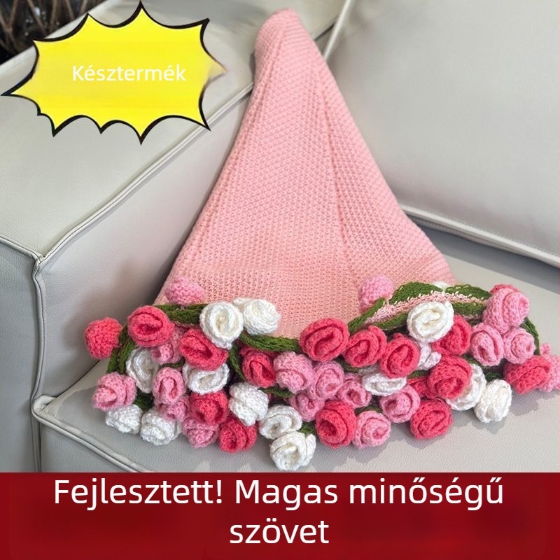 Kézzel kötött rózsaszálas takaró, növény- és virágmintával, poliészter, törölközőtakaró, egész éves használatra