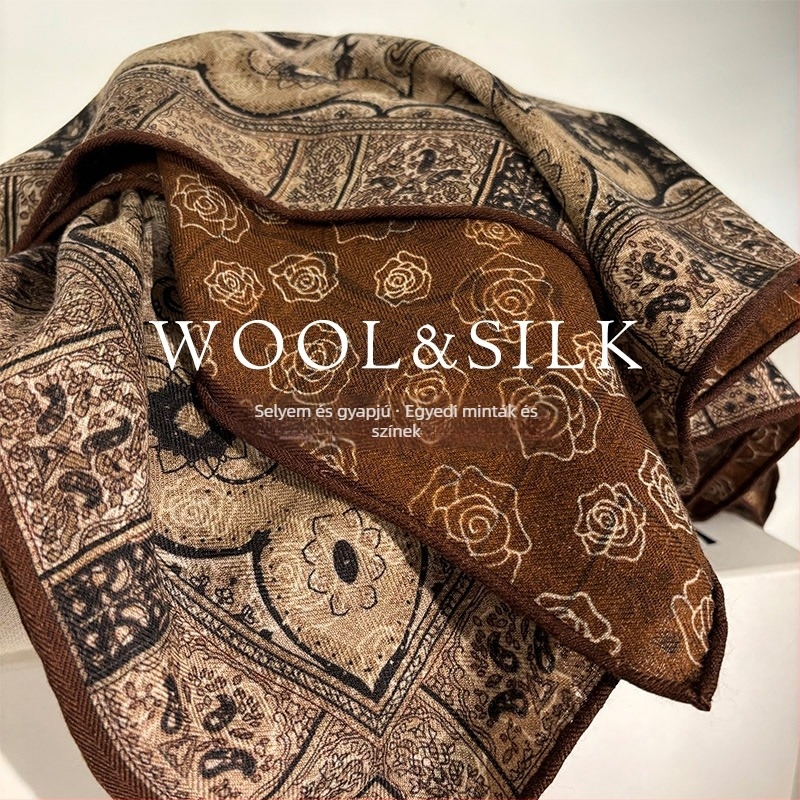 Női selyem-vilna négyszögletű sál, egyszerű szövésű, melegen tart, téli szezon