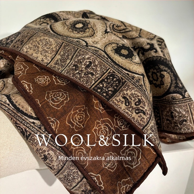 Női selyem-vilna négyszögletű sál, egyszerű szövésű, melegen tart, téli szezon