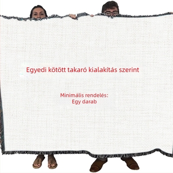 Pamut szövött pléd 3D-s digitális nyomtatással, geometriai mintázat, bojtok és hímzés