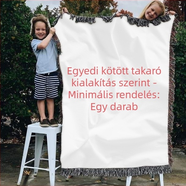 Pamut szövött pléd 3D-s digitális nyomtatással, geometriai mintázat, bojtok és hímzés