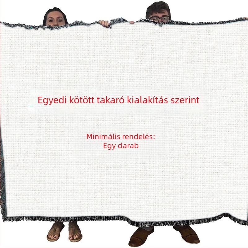 Pamut szövött pléd 3D-s digitális nyomtatással, geometriai mintázat, bojtok és hímzés