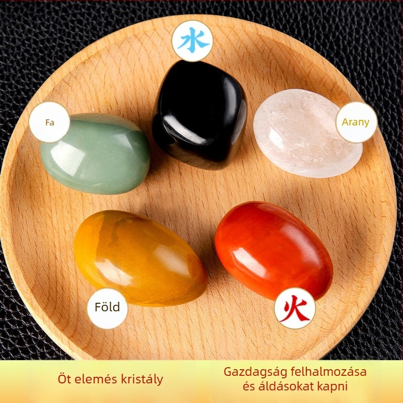 Csiszolt kristálykő készlet — természetes kristály/féldrágakő; Öt elemek Bagua; Öt irányú Vagyon Istene; tartalmaz csiszolt és nyers kristályokat; karton csomagolás