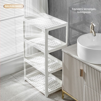 Fürdőszobai tároló polc, műanyag, matt felület, többszintes, modell 1763, padlón álló, 7,5 kg teherbírás polcanként