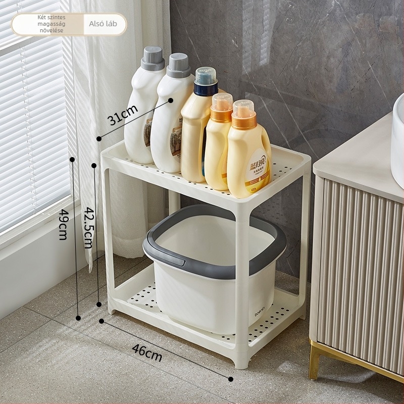 Fürdőszobai tároló polc, műanyag, matt felület, többszintes, modell 1763, padlón álló, 7,5 kg teherbírás polcanként