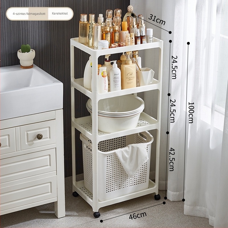 Fürdőszobai tároló polc, műanyag, matt felület, többszintes, modell 1763, padlón álló, 7,5 kg teherbírás polcanként