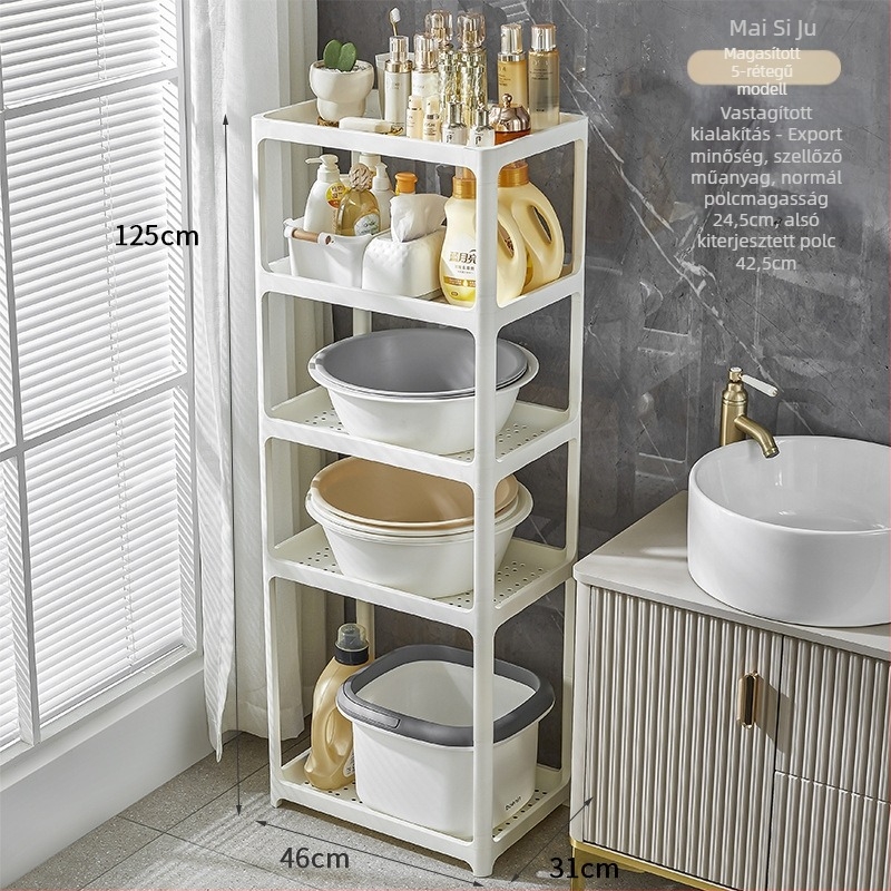 Fürdőszobai tároló polc, műanyag, matt felület, többszintes, modell 1763, padlón álló, 7,5 kg teherbírás polcanként