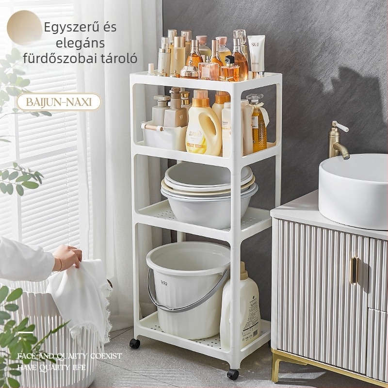 Fürdőszobai padlóra álló tárolópolc, műanyag, matt felület, modell 1763, polconkénti 7,5 kg teherbírás, modern minimalista stílus