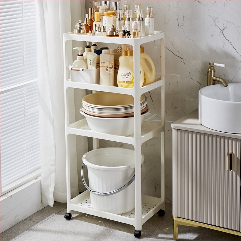 Fürdőszobai padlóra álló tárolópolc, műanyag, matt felület, modell 1763, polconkénti 7,5 kg teherbírás, modern minimalista stílus