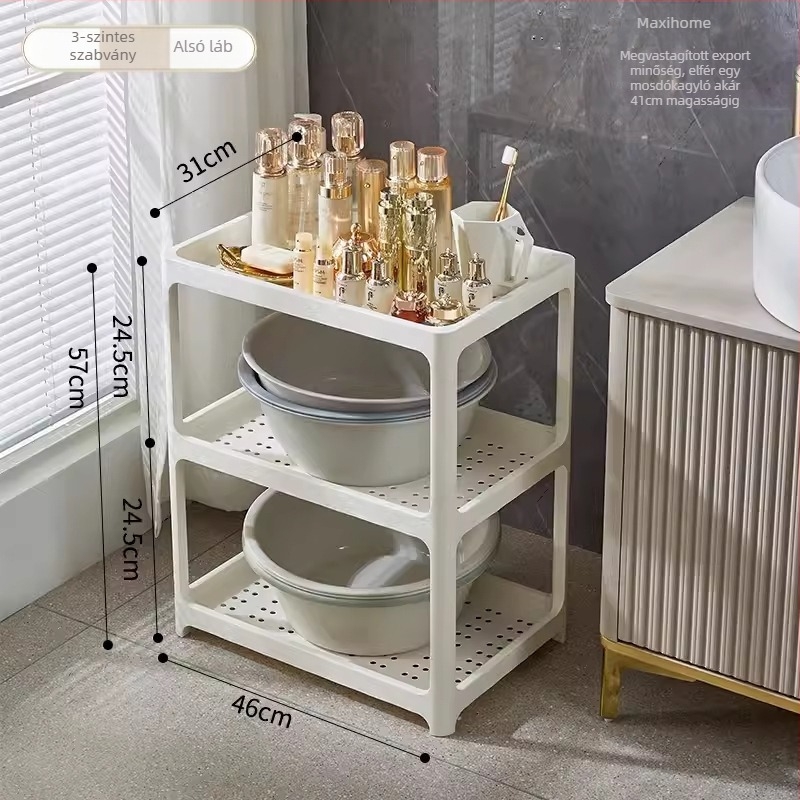 Fürdőszobai padlóra álló tárolópolc, műanyag, matt felület, modell 1763, polconkénti 7,5 kg teherbírás, modern minimalista stílus