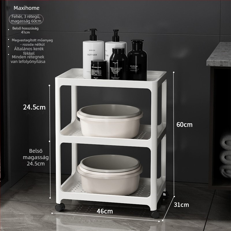 Fürdőszobai padlóra álló tárolópolc, műanyag, matt felület, modell 1763, polconkénti 7,5 kg teherbírás, modern minimalista stílus