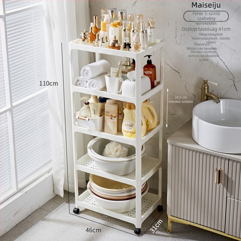 Fürdőszobai padlóra álló tárolópolc, műanyag, matt felület, modell 1763, polconkénti 7,5 kg teherbírás, modern minimalista stílus